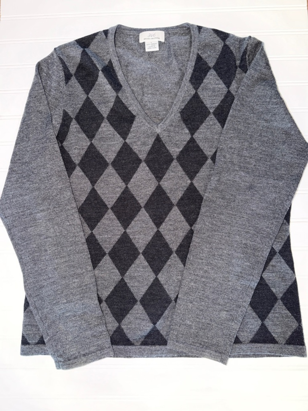 346 Brooks Brothers Gray Argyle V-Neck Sweater Women‎ L Merino Wool - Picture 3 of 7